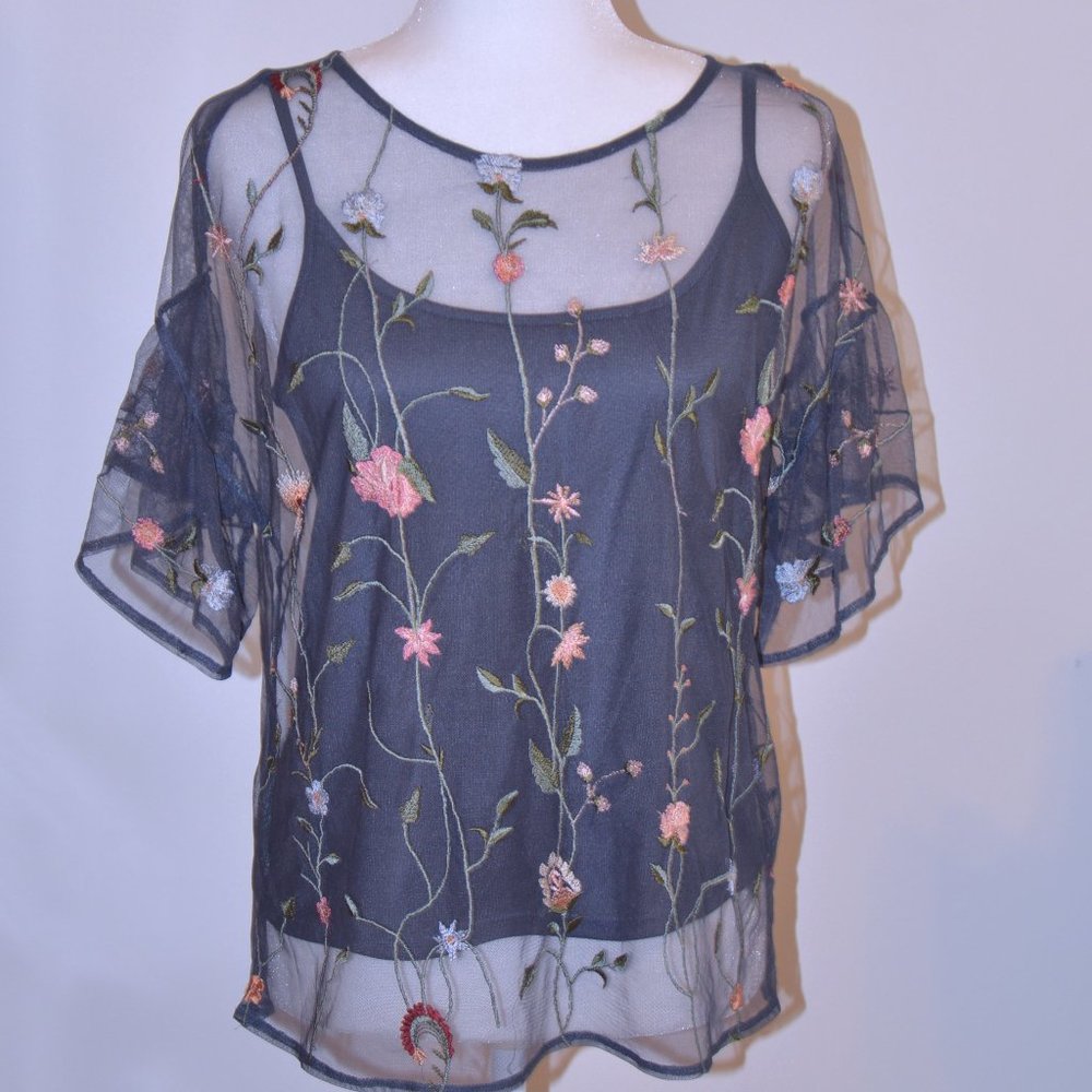 Lucky Brand Flowy Embroidered Short Sleeve Blouse